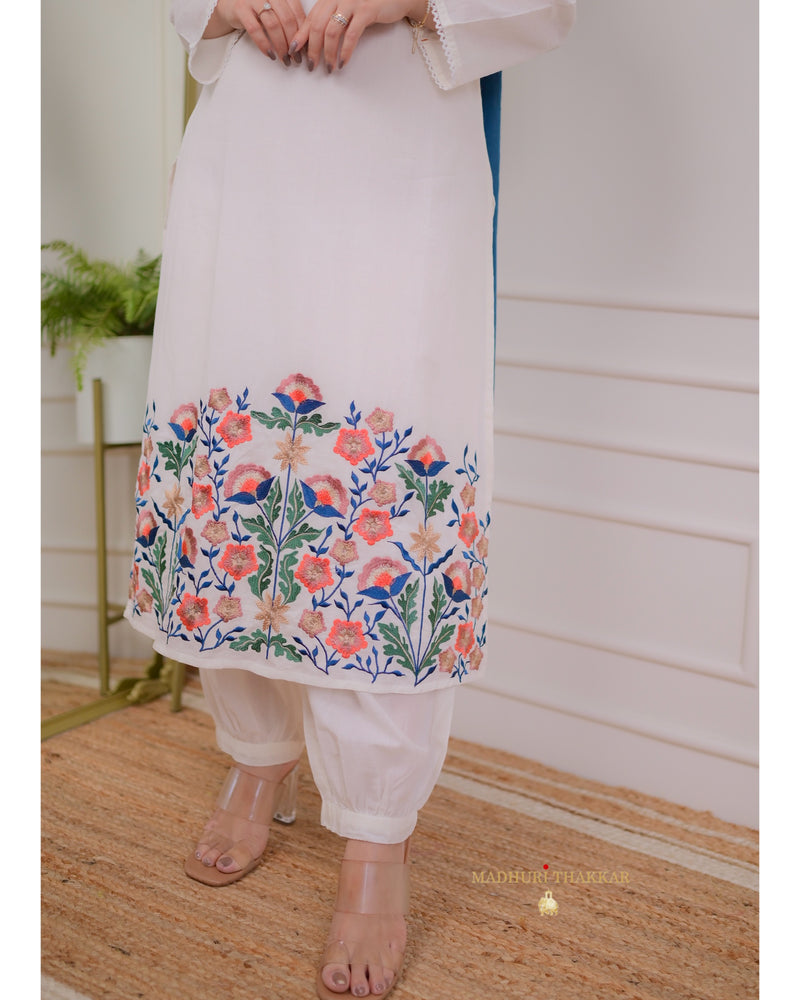 White Blue Threadwork Mul Cotton Suit