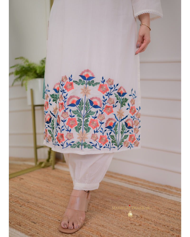 White Blue Threadwork Mul Cotton Suit
