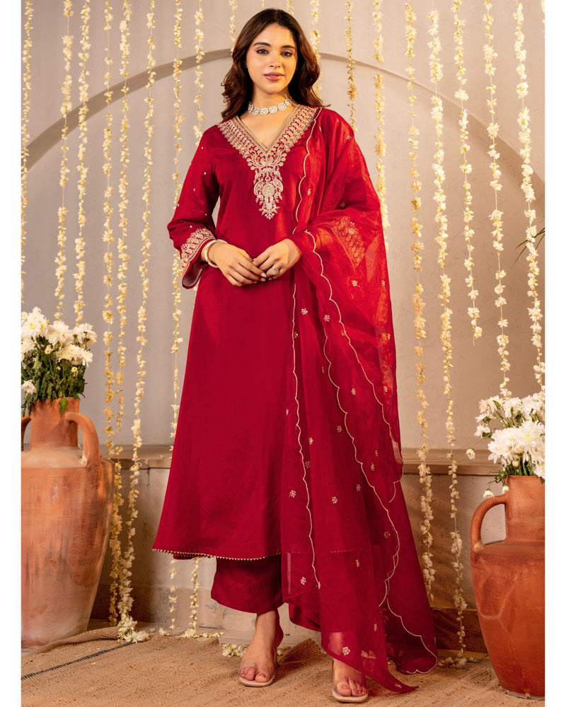 Red Maroon Handwork Premium Silk Festive Suit