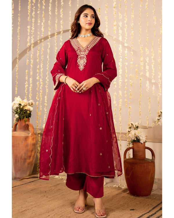 Red Maroon Handwork Premium Silk Festive Suit
