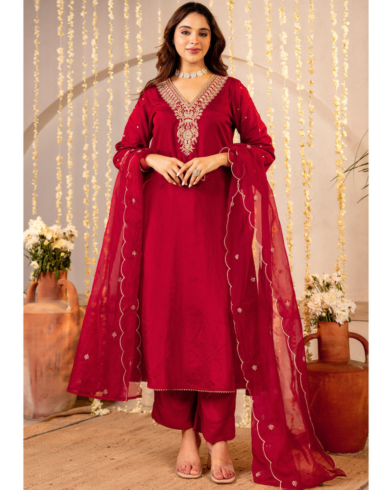 Red Maroon Handwork Premium Silk Festive Suit