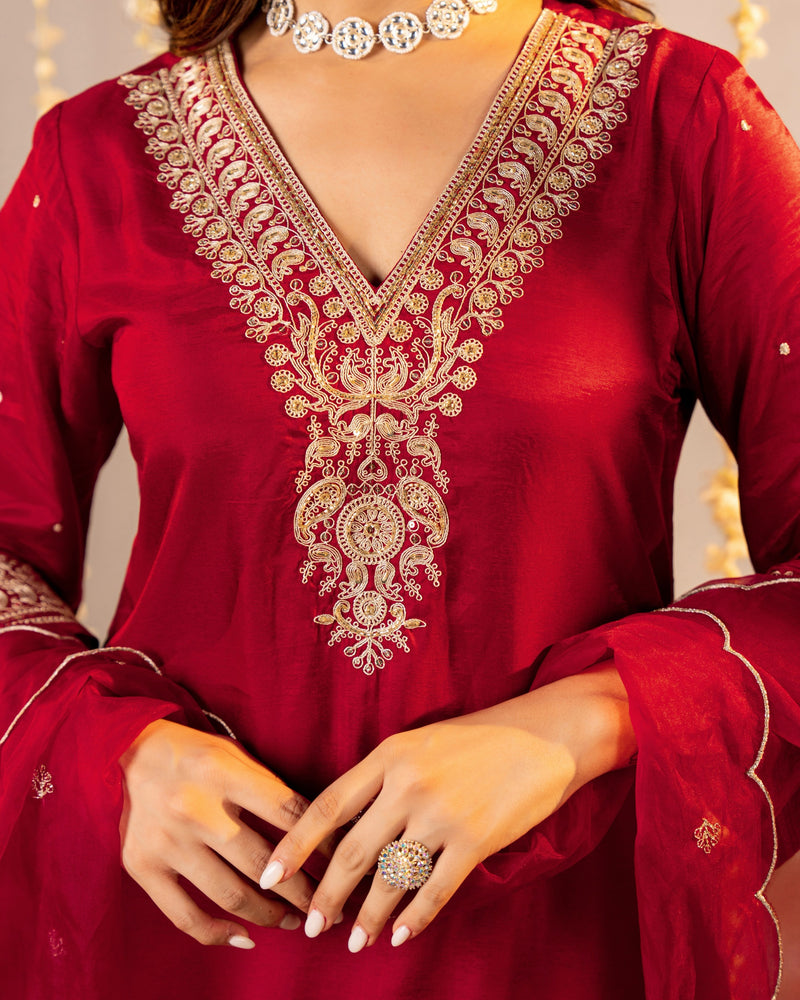 Red Maroon Handwork Premium Silk Festive Suit