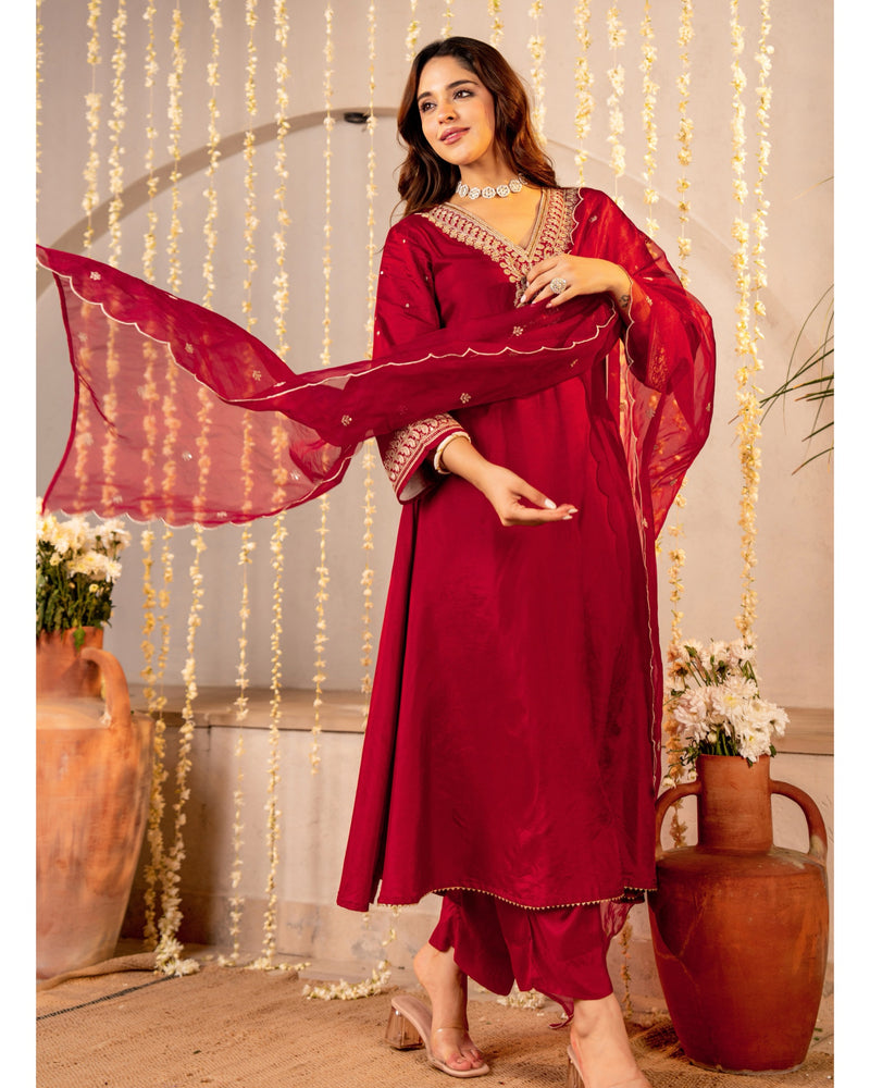 Red Maroon Handwork Premium Silk Festive Suit