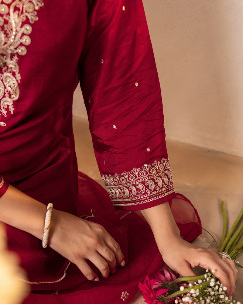 Red Maroon Handwork Premium Silk Festive Suit