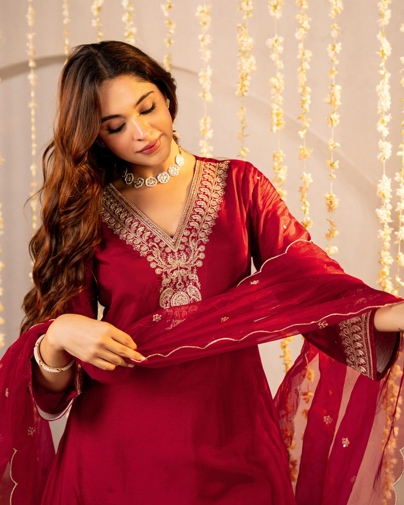 Red Maroon Handwork Premium Silk Festive Suit
