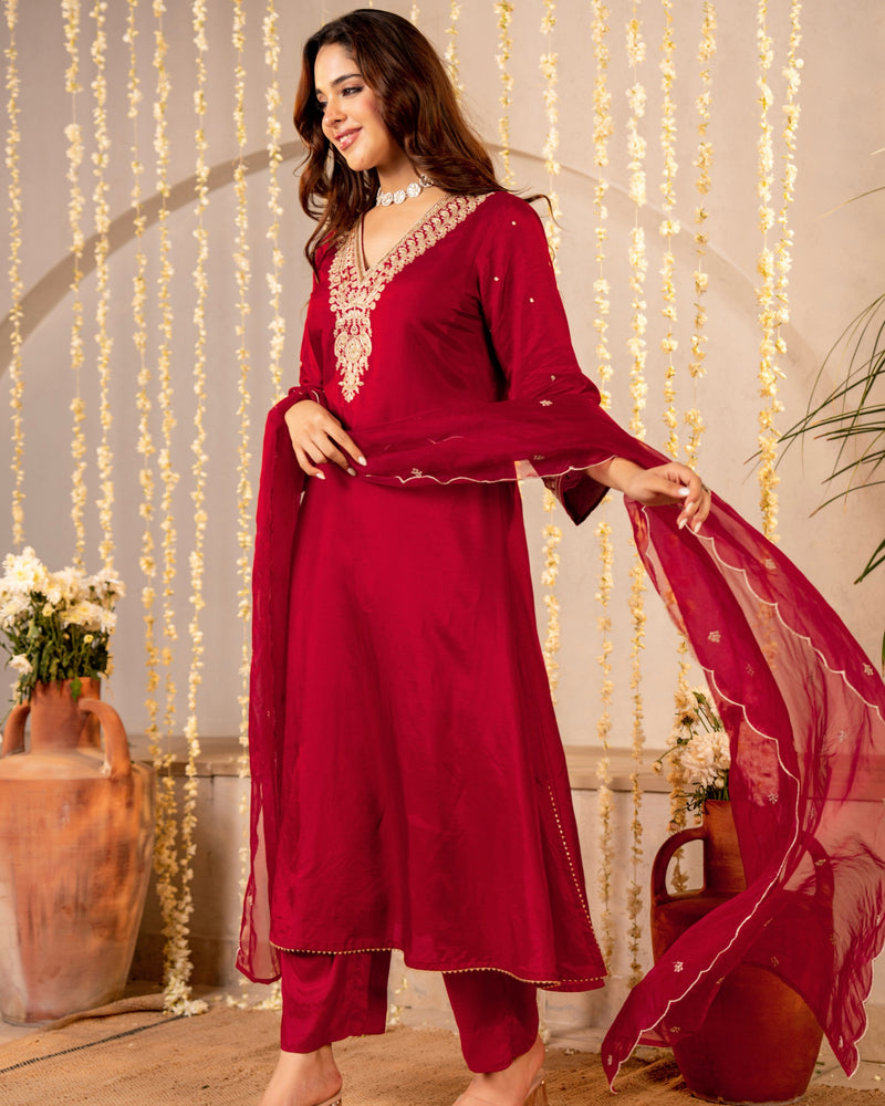 Red Maroon Handwork Premium Silk Festive Suit