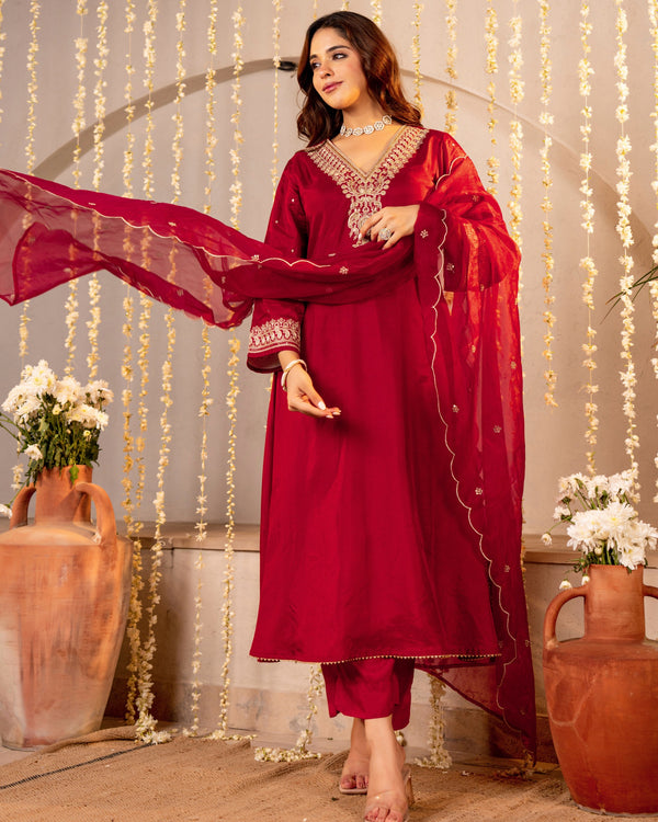 Red Maroon Handwork Premium Silk Festive Suit