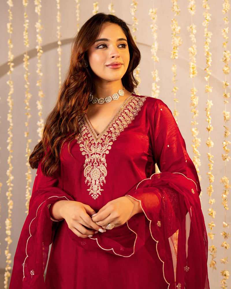 Red Maroon Handwork Premium Silk Festive Suit
