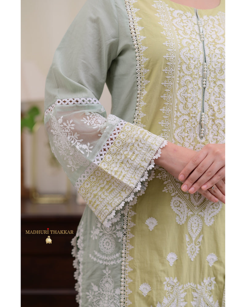 Yellow Sage Green Embroidered Pakistani Premium Cotton Suit