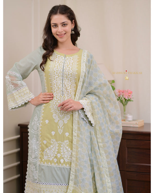 Yellow Sage Green Embroidered Pakistani Premium Cotton Suit