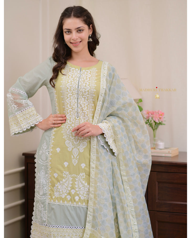 Yellow Sage Green Embroidered Pakistani Premium Cotton Suit