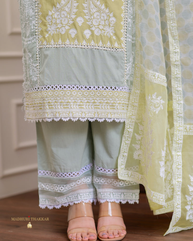 Yellow Sage Green Embroidered Pakistani Premium Cotton Suit