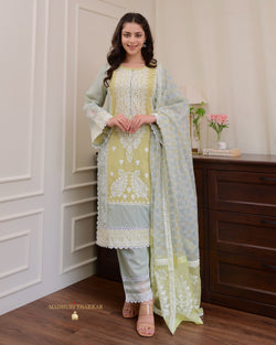 Yellow Sage Green Embroidered Pakistani Premium Cotton Suit