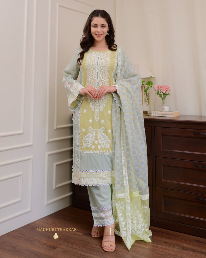Yellow Sage Green Embroidered Pakistani Premium Cotton Suit