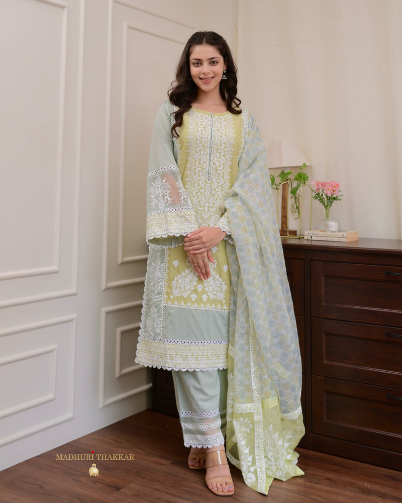 Yellow Sage Green Embroidered Pakistani Premium Cotton Suit