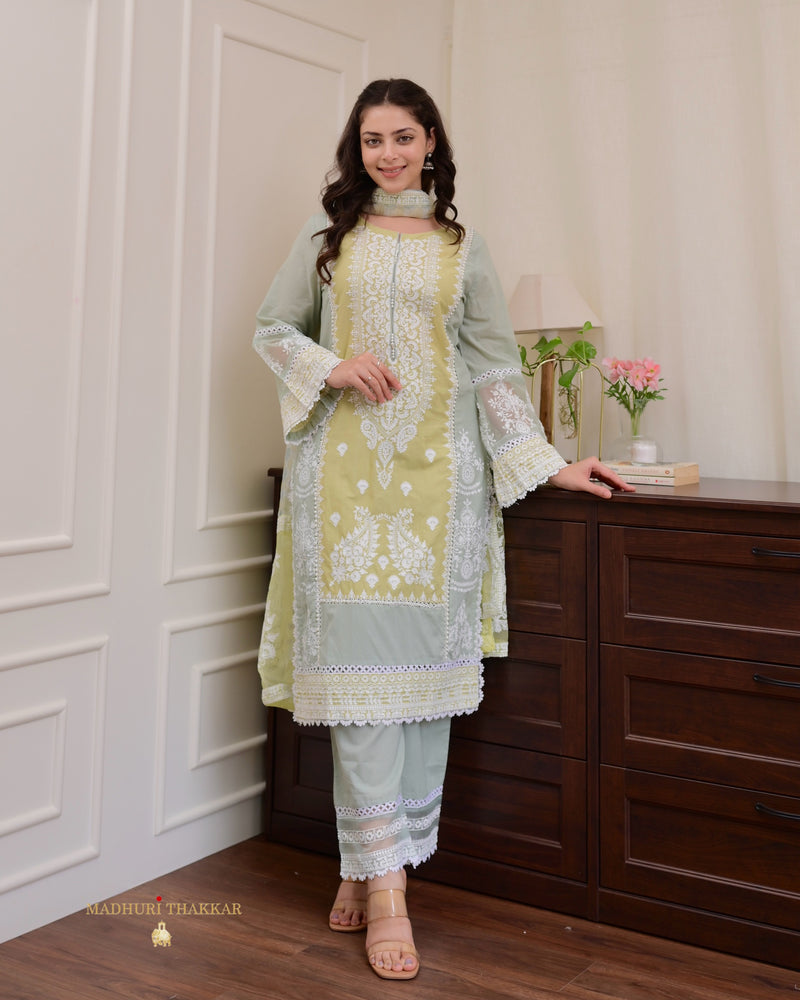 Yellow Sage Green Embroidered Pakistani Premium Cotton Suit