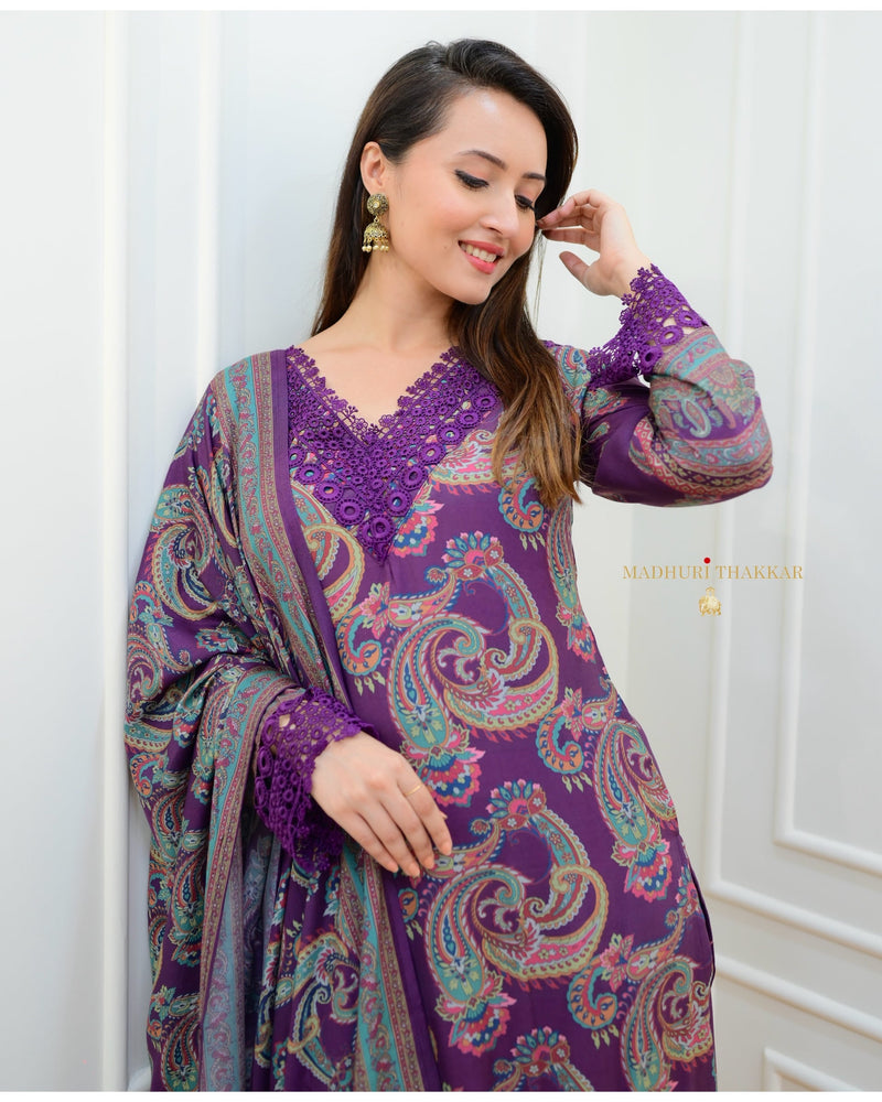 Purple Digital Printed Muslin Pakistani Suit