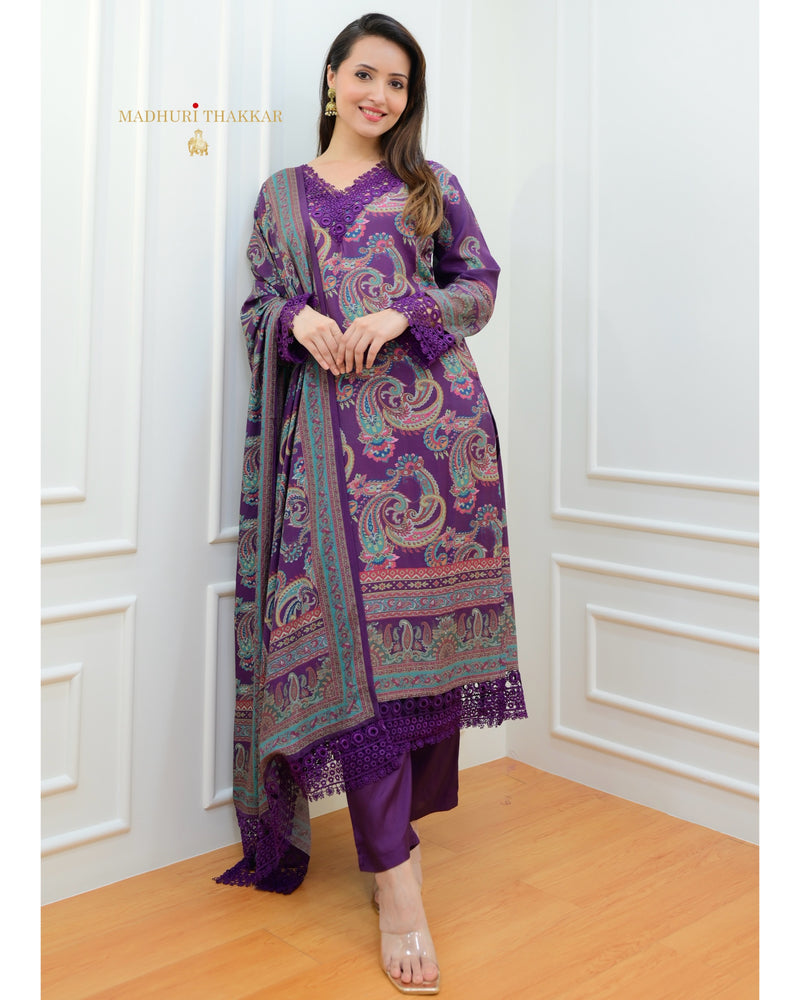 Purple Digital Printed Muslin Pakistani Suit
