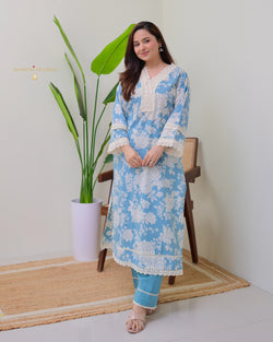 Blue Pakistani Floral Cotton Kurta Set