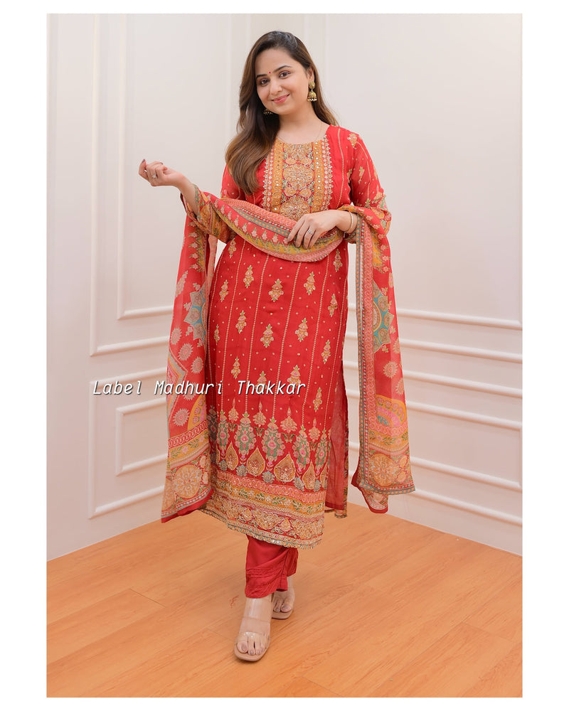 Red Handwork Organza Suit