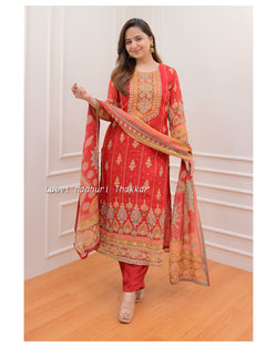 Red Handwork Organza Suit