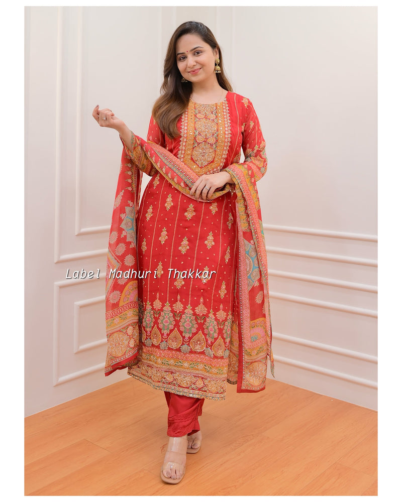 Red Handwork Organza Suit