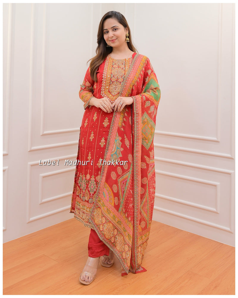 Red Handwork Organza Suit