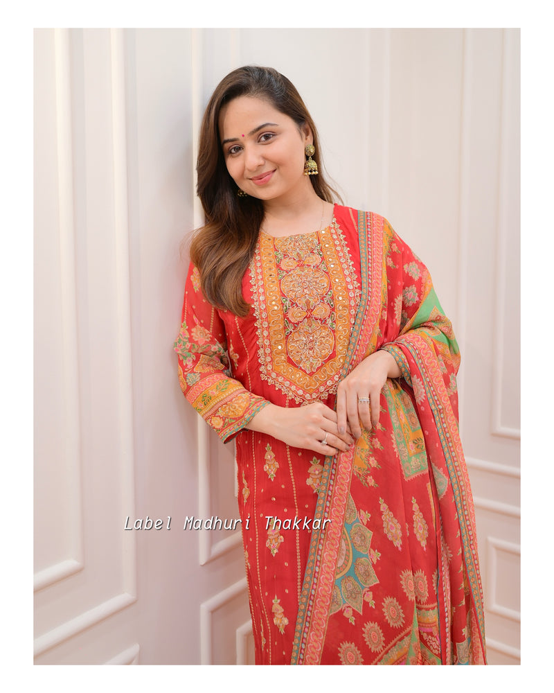 Red Handwork Organza Suit