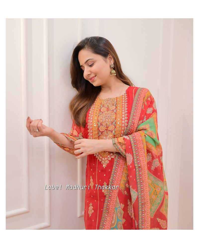 Red Handwork Organza Suit