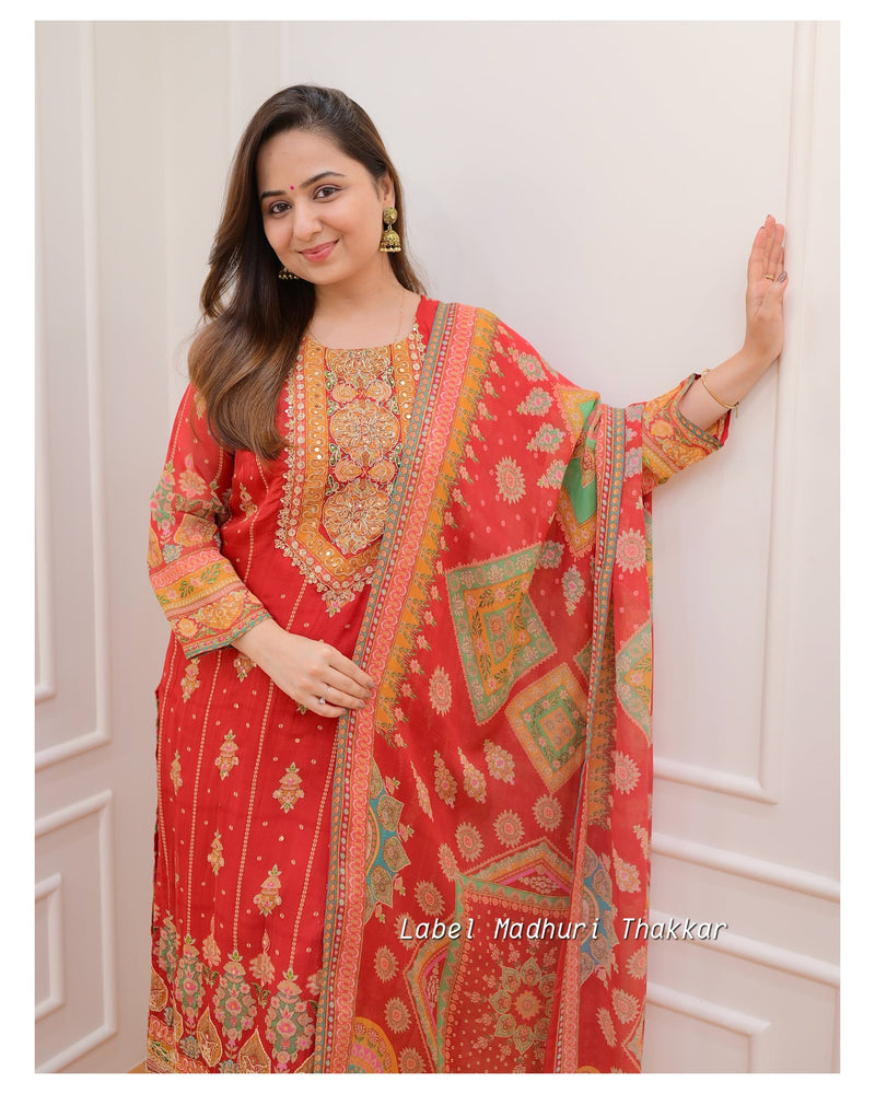 Red Handwork Organza Suit