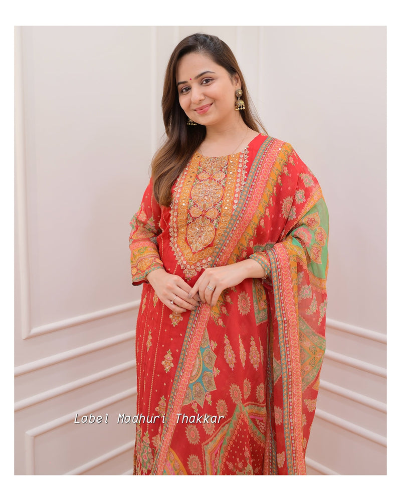 Red Handwork Organza Suit