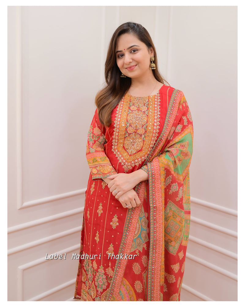 Red Handwork Organza Suit