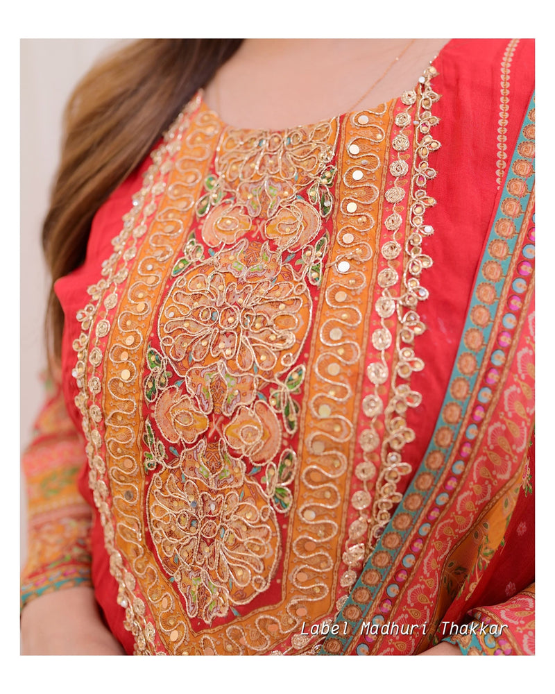 Red Handwork Organza Suit