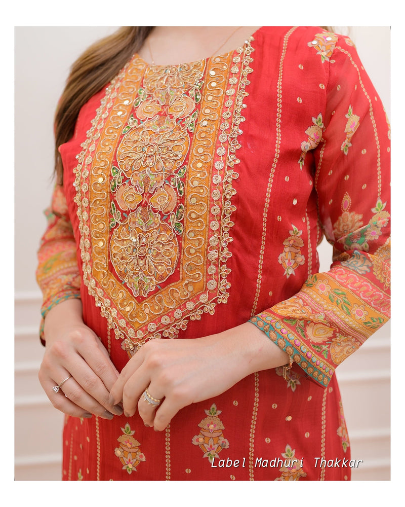Red Handwork Organza Suit