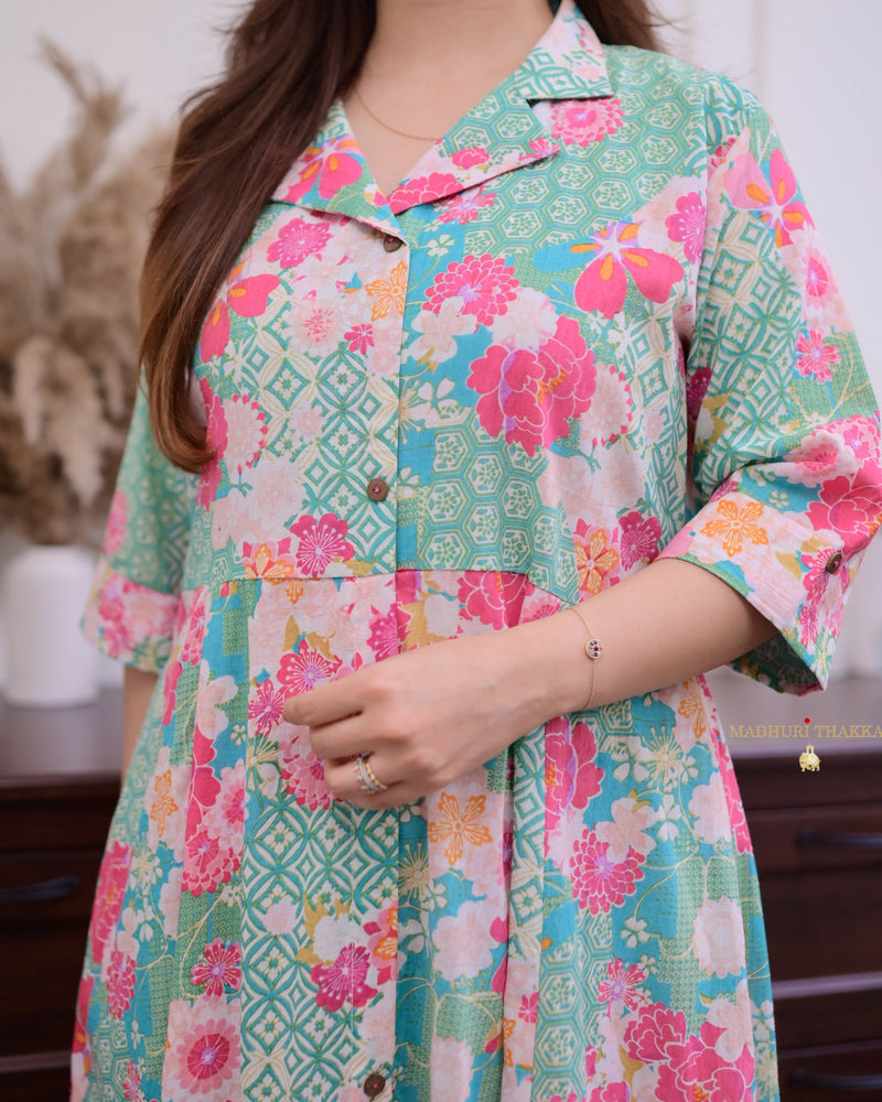 Turquoise Multi Floral Cotton A Line Dress