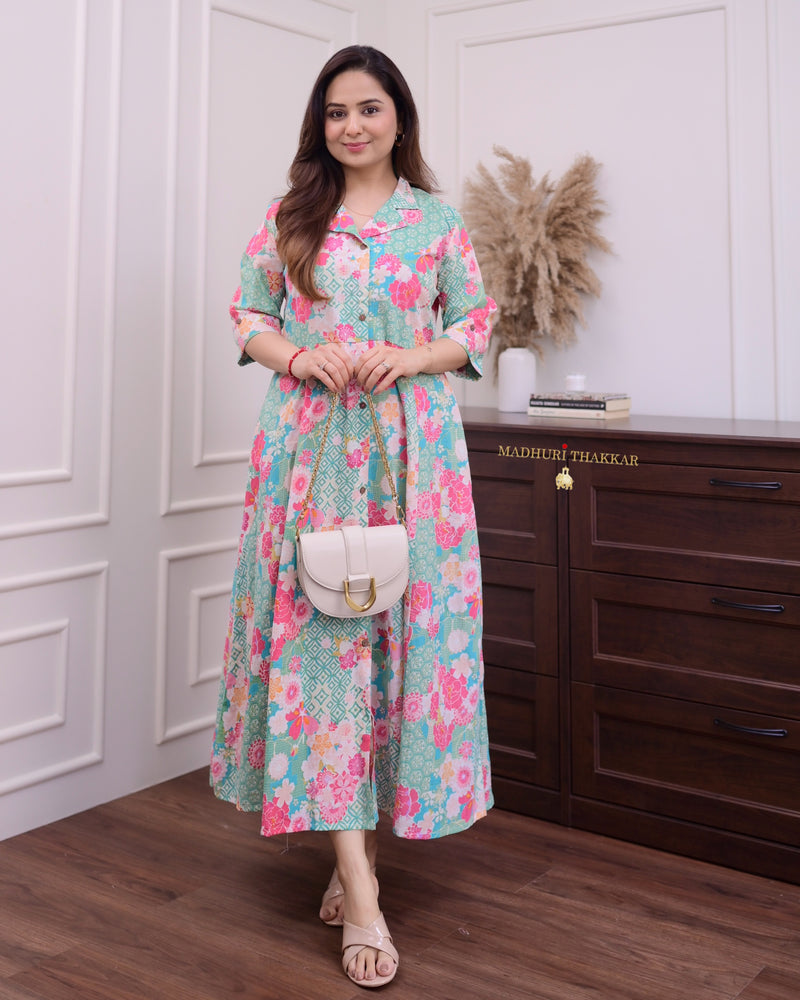 Turquoise Multi Floral Cotton A Line Dress