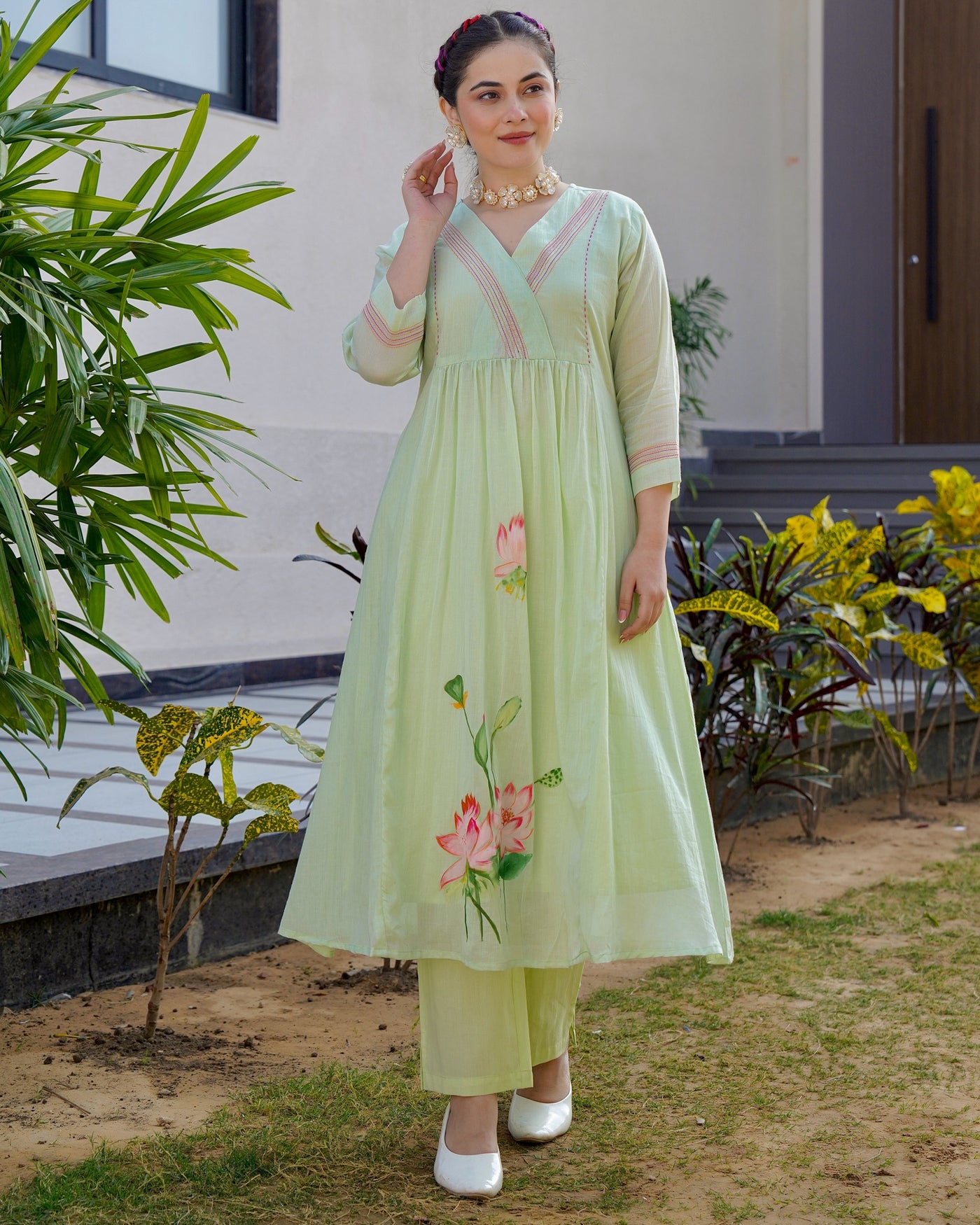 Mint Mist Lotus Mul Cotton A Line Kurta Set