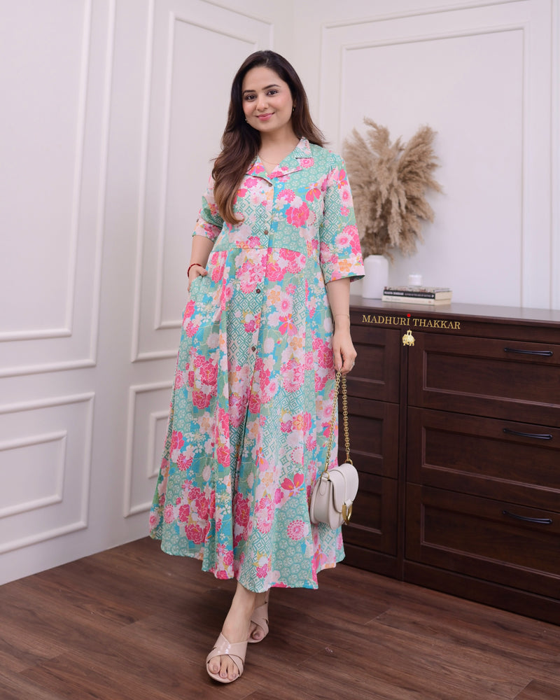 Turquoise Multi Floral Cotton A Line Dress