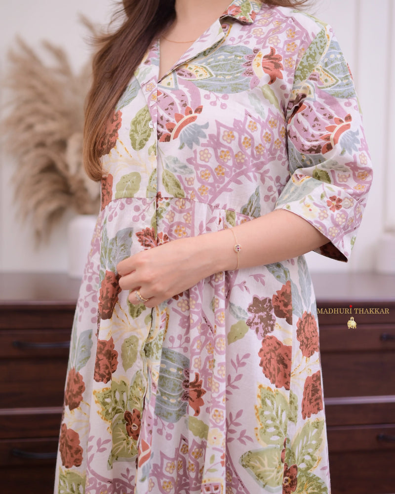 Ivory Lilac Floral Cotton A Line Dress