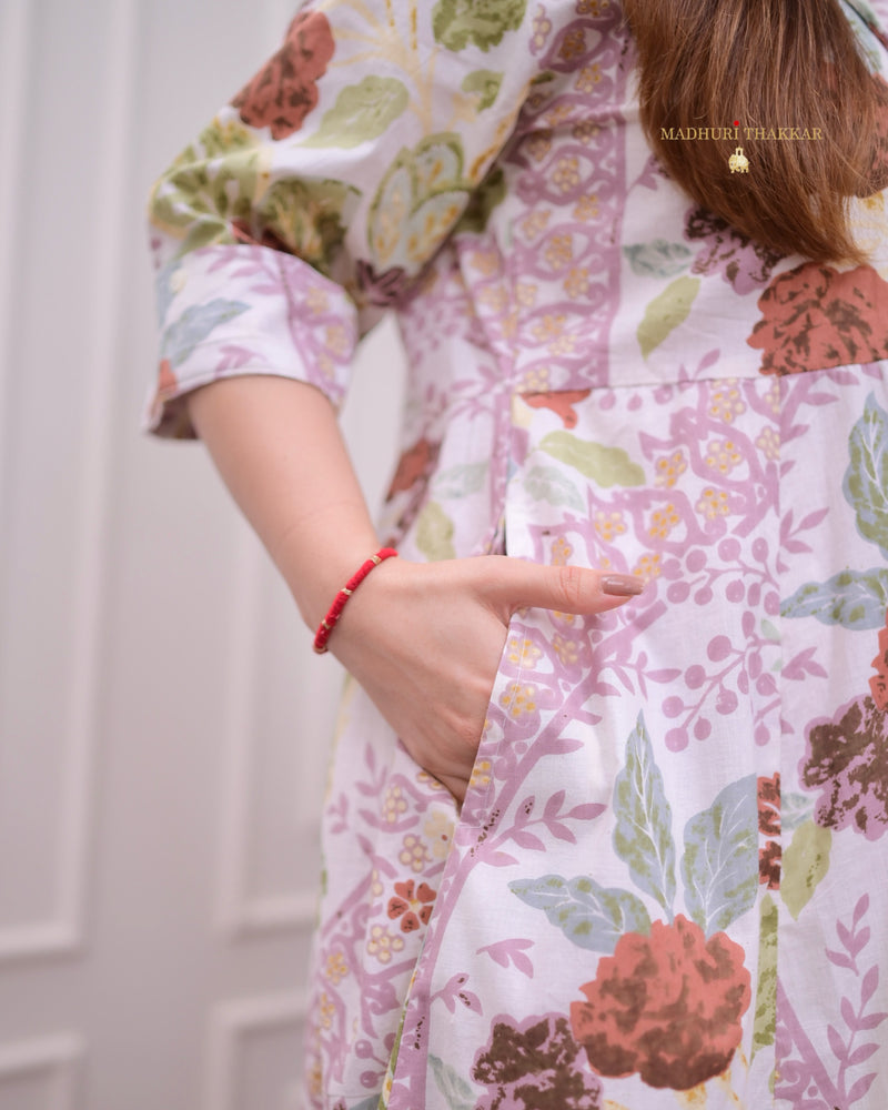Ivory Lilac Floral Cotton A Line Dress