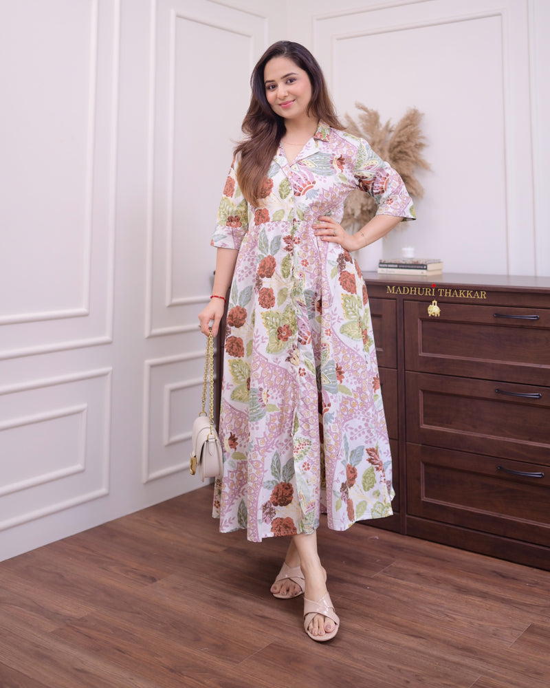 Ivory Lilac Floral Cotton A Line Dress