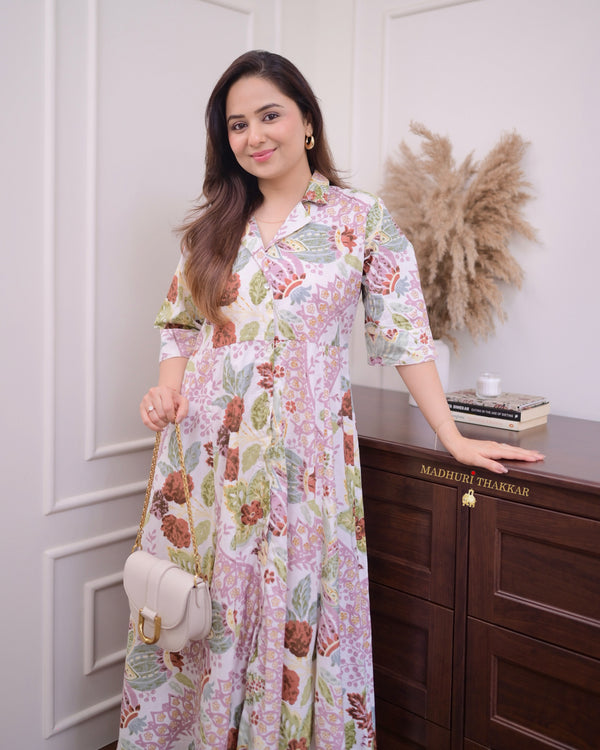 Ivory Lilac Floral Cotton A Line Dress