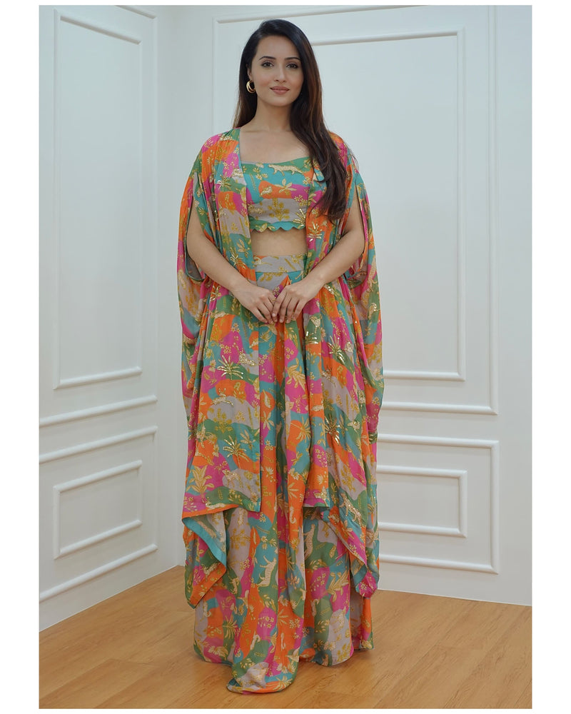 Tropical Printed Draped Skirt with Cape & Blouse