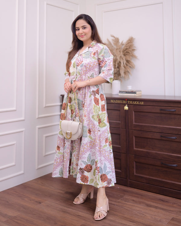 Ivory Lilac Floral Cotton A Line Dress