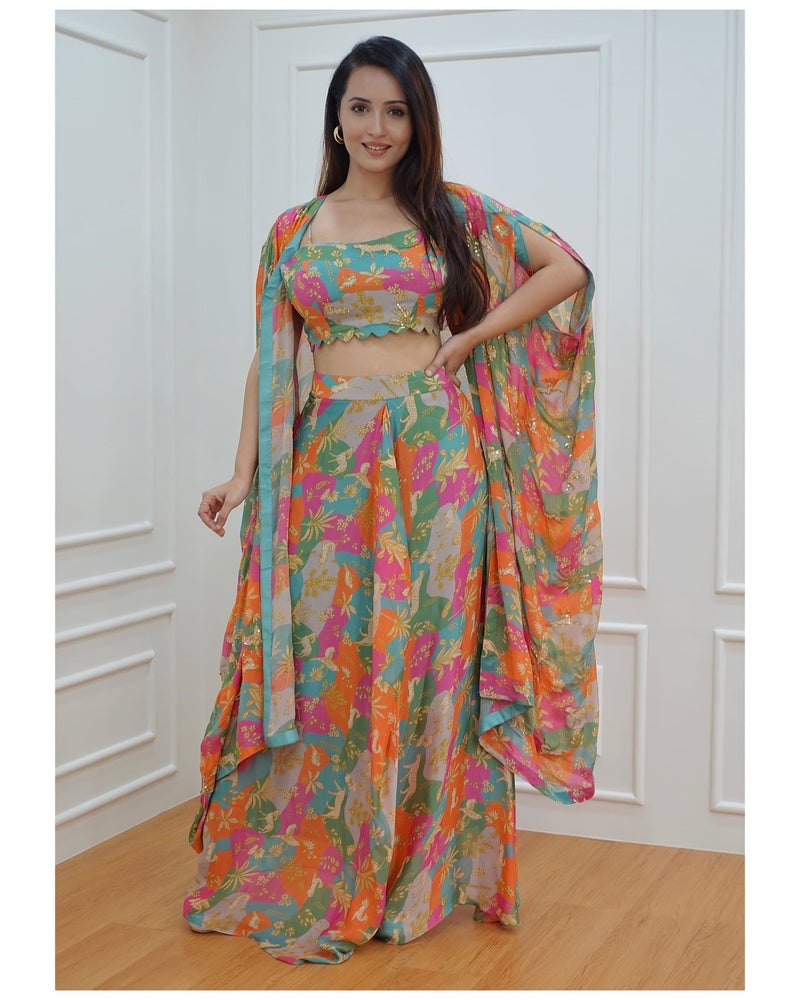 Tropical Printed Draped Skirt with Cape & Blouse