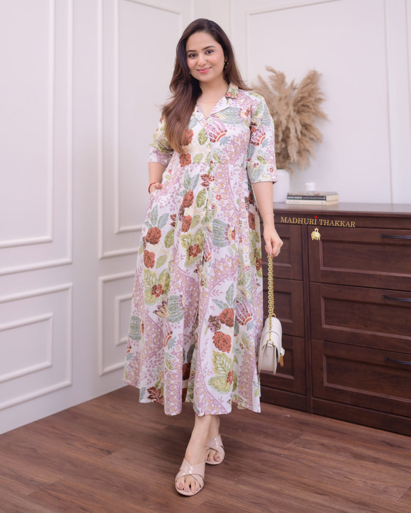 Ivory Lilac Floral Cotton A Line Dress