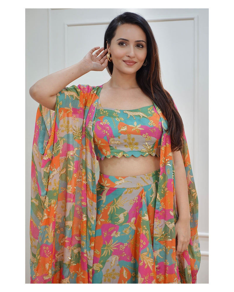 Tropical Printed Draped Skirt with Cape & Blouse