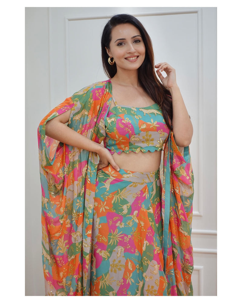 Tropical Printed Draped Skirt with Cape & Blouse