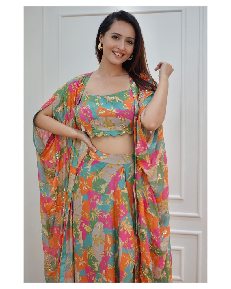 Tropical Printed Draped Skirt with Cape & Blouse