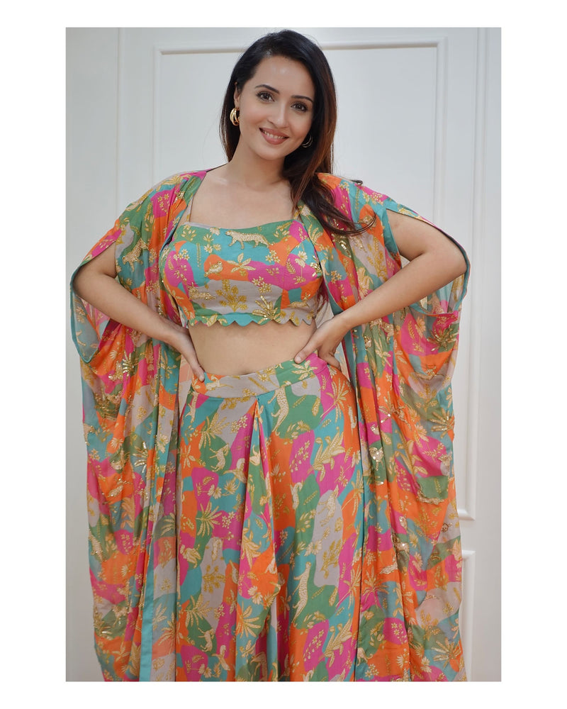Tropical Printed Draped Skirt with Cape & Blouse